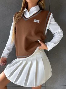 SHEIN Unity Patched Detail Striped Trim Tank Top Without Blouse Graphic Tees Women Tops - Mocha Brown - View 1