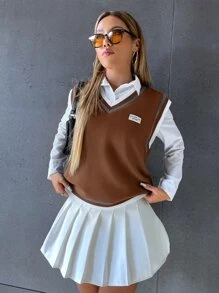 SHEIN Unity Patched Detail Striped Trim Tank Top Without Blouse Graphic Tees Women Tops - Mocha Brown - View 4