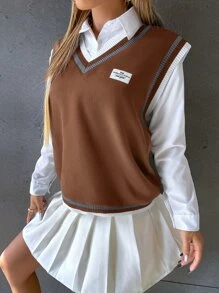 SHEIN Unity Patched Detail Striped Trim Tank Top Without Blouse Graphic Tees Women Tops - Mocha Brown - View 5