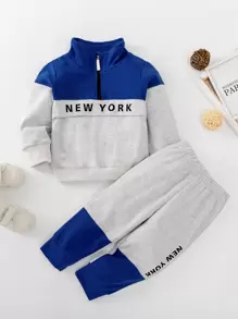 男嬰字母圖案半拉鏈拼接面衛衣和衛褲 - 彩色 - 查看 1