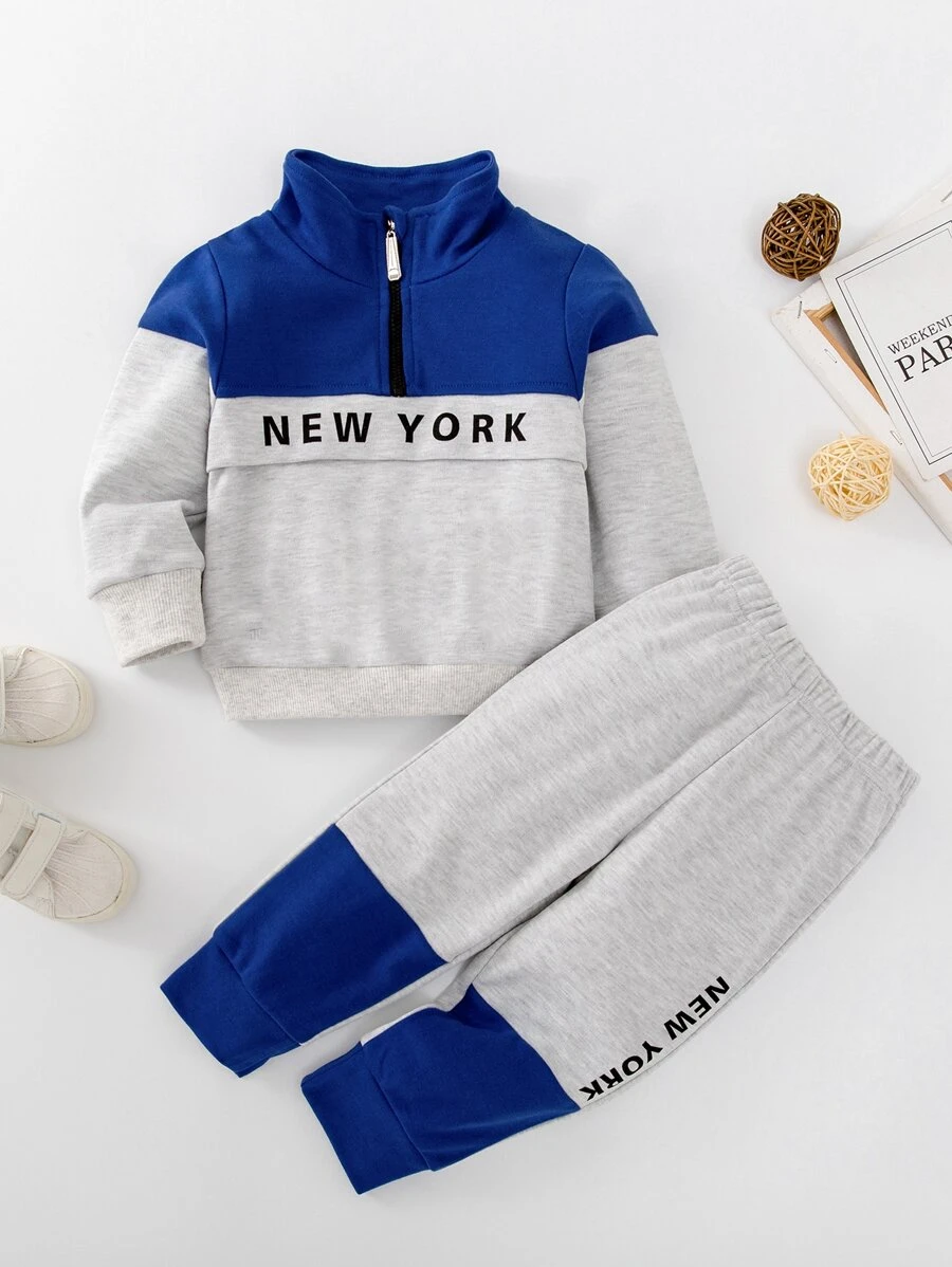 男嬰字母圖案半拉鏈拼接面衛衣和衛褲 - 彩色 - 查看 1