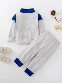 男嬰字母圖案半拉鏈拼接面衛衣和衛褲 - 彩色 - 查看 2