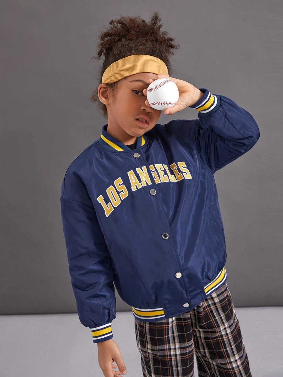 SHEIN Girls Letter Embroidery Striped Trim Drop Shoulder Varsity Jacket - Navy Blue - View 1