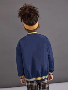 SHEIN Girls Letter Embroidery Striped Trim Drop Shoulder Varsity Jacket - Navy Blue - View 2
