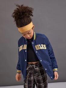 SHEIN Girls Letter Embroidery Striped Trim Drop Shoulder Varsity Jacket - Navy Blue - View 4