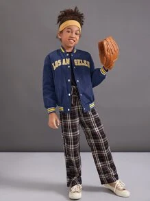 SHEIN Girls Letter Embroidery Striped Trim Drop Shoulder Varsity Jacket - Navy Blue - View 5