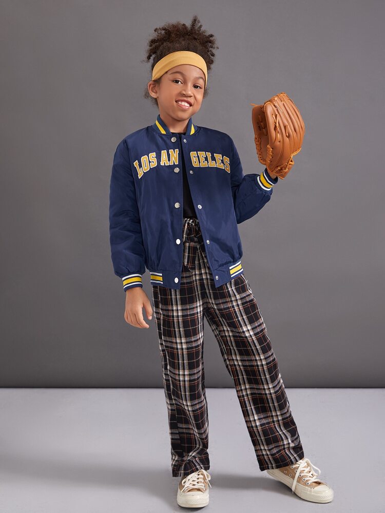 SHEIN Girls Letter Embroidery Striped Trim Drop Shoulder Varsity Jacket - Navy Blue - View 5