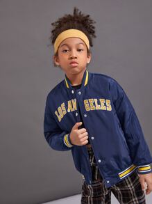 SHEIN Girls Letter Embroidery Striped Trim Drop Shoulder Varsity Jacket - Navy Blue - View 6