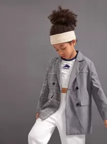 SHEIN Girls Plaid Double Breasted Coat - Grey - View 1