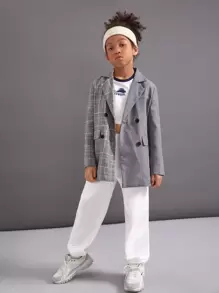 SHEIN Girls Plaid Double Breasted Coat - Grey - View 3