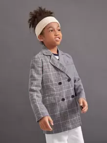 SHEIN Girls Plaid Double Breasted Coat - Grey - View 4