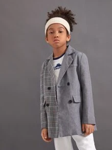 SHEIN Girls Plaid Double Breasted Coat - Grey - View 5