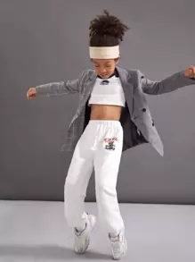 SHEIN Girls Plaid Double Breasted Coat - Grey - View 6