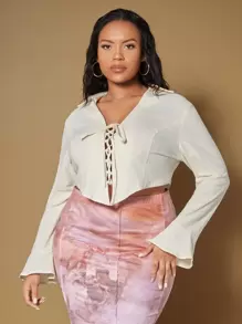 SHEIN Unity Plus V-collar Flounce Sleeve Lace Up Front Crop Top - Beige - View 2