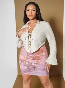 SHEIN Unity Plus V-collar Flounce Sleeve Lace Up Front Crop Top - Beige - View 4