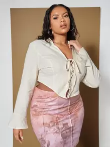 SHEIN Unity Plus V-collar Flounce Sleeve Lace Up Front Crop Top - Beige - View 1