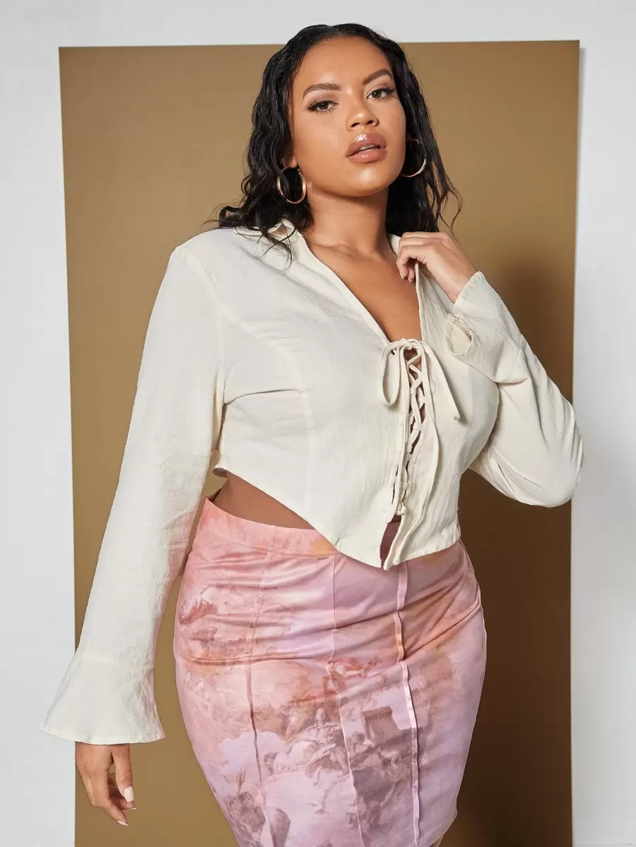 SHEIN Unity Plus V-collar Flounce Sleeve Lace Up Front Crop Top - Beige - View 1