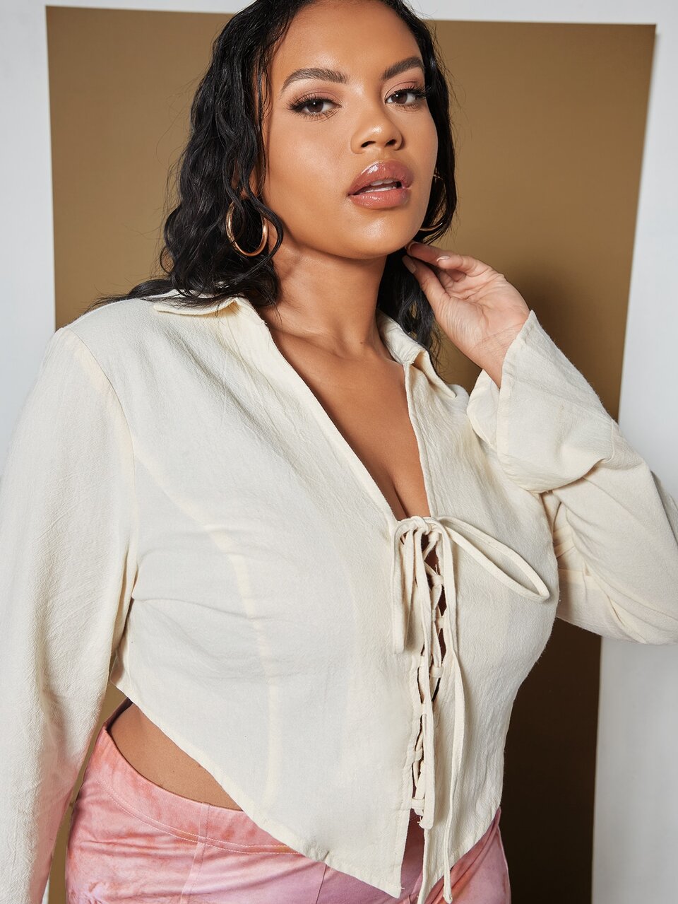 Plus V-collar Flounce Sleeve Lace Up Front Crop Top