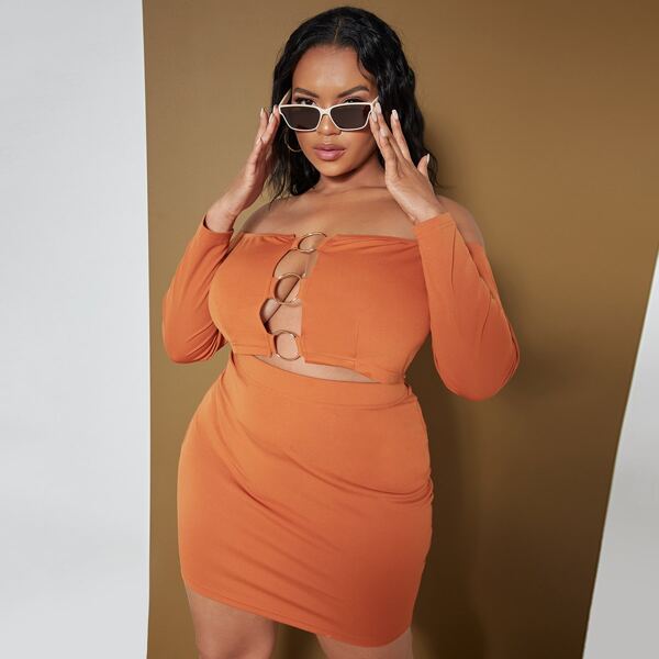 

Plus Ring Linked Cut Out Off Shoulder Crop Top & Bodycon Skirt, Orange