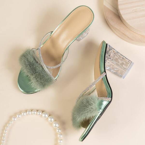 

Rhinestone Cross Strap Chunky Heeled Mules, Green