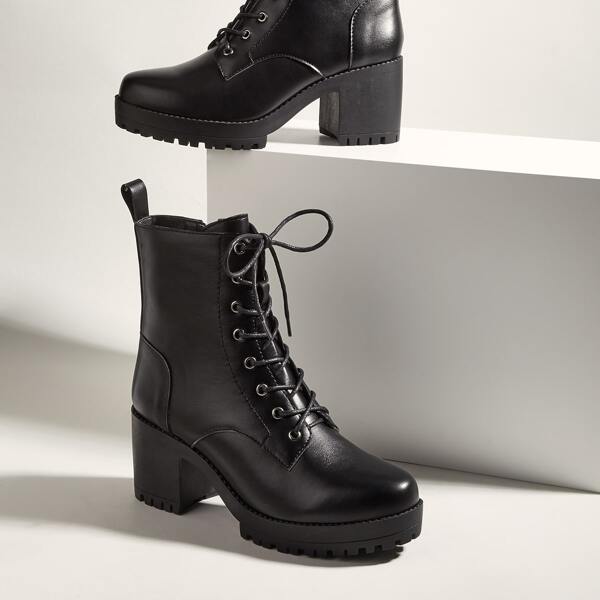 

Minimalist Lace-up Front Chunky Heeled Boots, Black