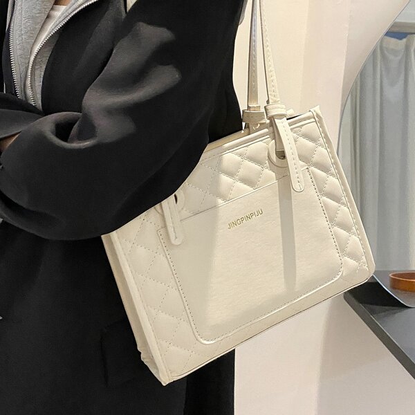 

Quilted Embossed Shoulder Tote Bag, White