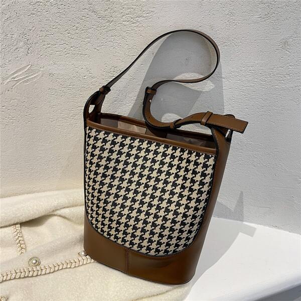 

Houndstooth Pattern Shoulder Bucket Bag, Multicolor