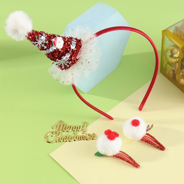 

2pcs Toddler Girls Christmas Pom Pom Decor Hair Clip & Headband, Multicolor