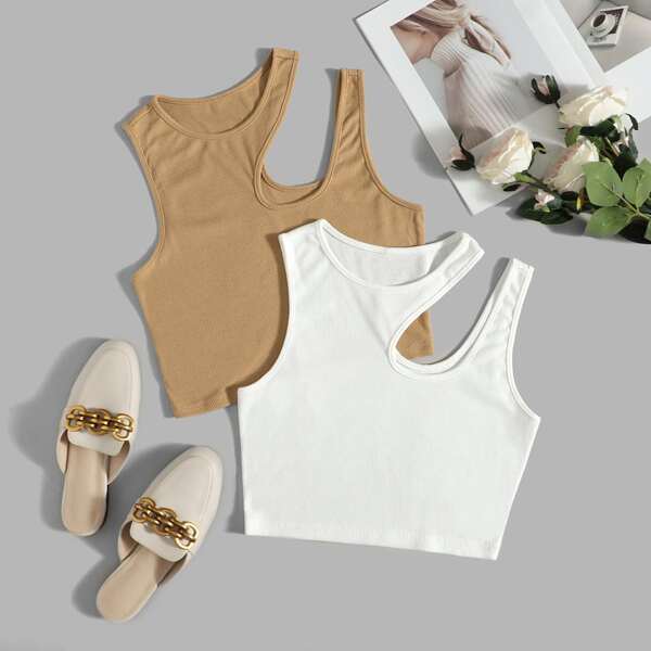 

2pcs Solid Asymmetrical Neck Tank Top, Multicolor