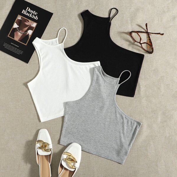 

3pcs Solid Asymmetrical Neck Top, Multicolor
