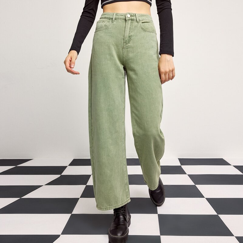 

High Waist Straight Leg Jeans, Mint green