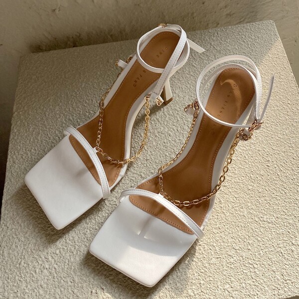 

Square Toe Ankle Strap Heeled Sandals, White