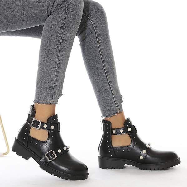 

Minimalist Buckle & Faux Pearl Decor Cut Out Boots, Black