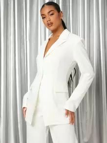 SHEIN Privé Bộ âu phục nữ Nút phía trước màu trơn Thanh lịch - trắng - Xem 5