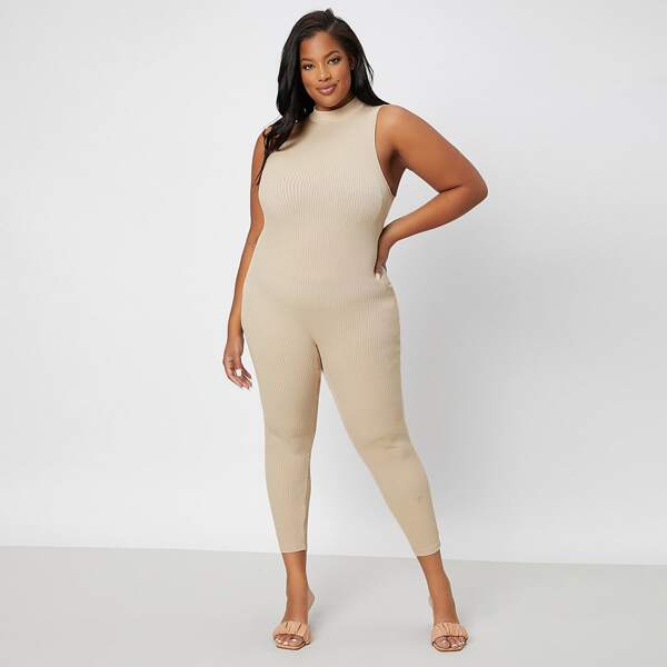 

Plus Ribbed Knit Unitard Jumpsuit, Beige