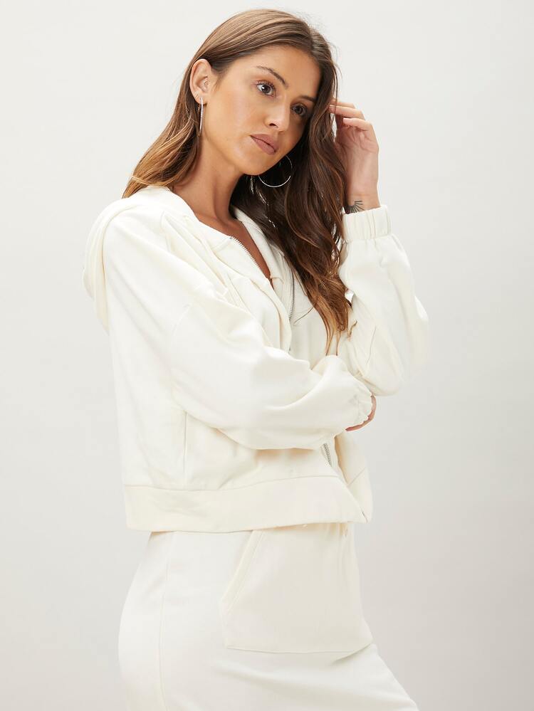 SHEIN Unity 再生滌拉鏈連帽衫 - 米色 - 查看 4