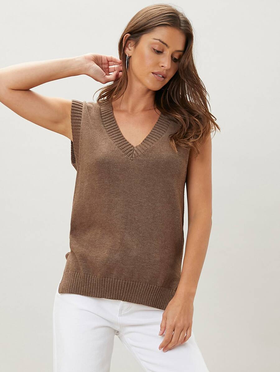 SHEIN 再生滌開衩毛衣背心 - 咖啡棕 - 查看 1