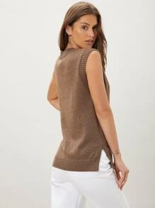 SHEIN 再生滌開衩毛衣背心 - 咖啡棕 - 查看 2