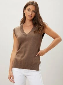 SHEIN 再生滌開衩毛衣背心 - 咖啡棕 - 查看 5