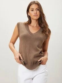 SHEIN 再生滌開衩毛衣背心 - 咖啡棕 - 查看 6