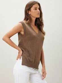 SHEIN 再生滌開衩毛衣背心 - 咖啡棕 - 查看 8