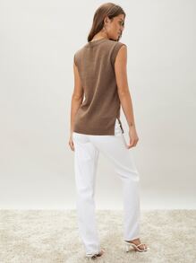 SHEIN 再生滌開衩毛衣背心 - 咖啡棕 - 查看 9