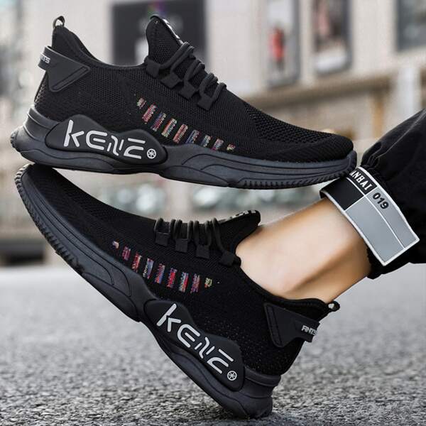 

Men Colorblock Letter Detail Lace Up Front Sneakers, Black