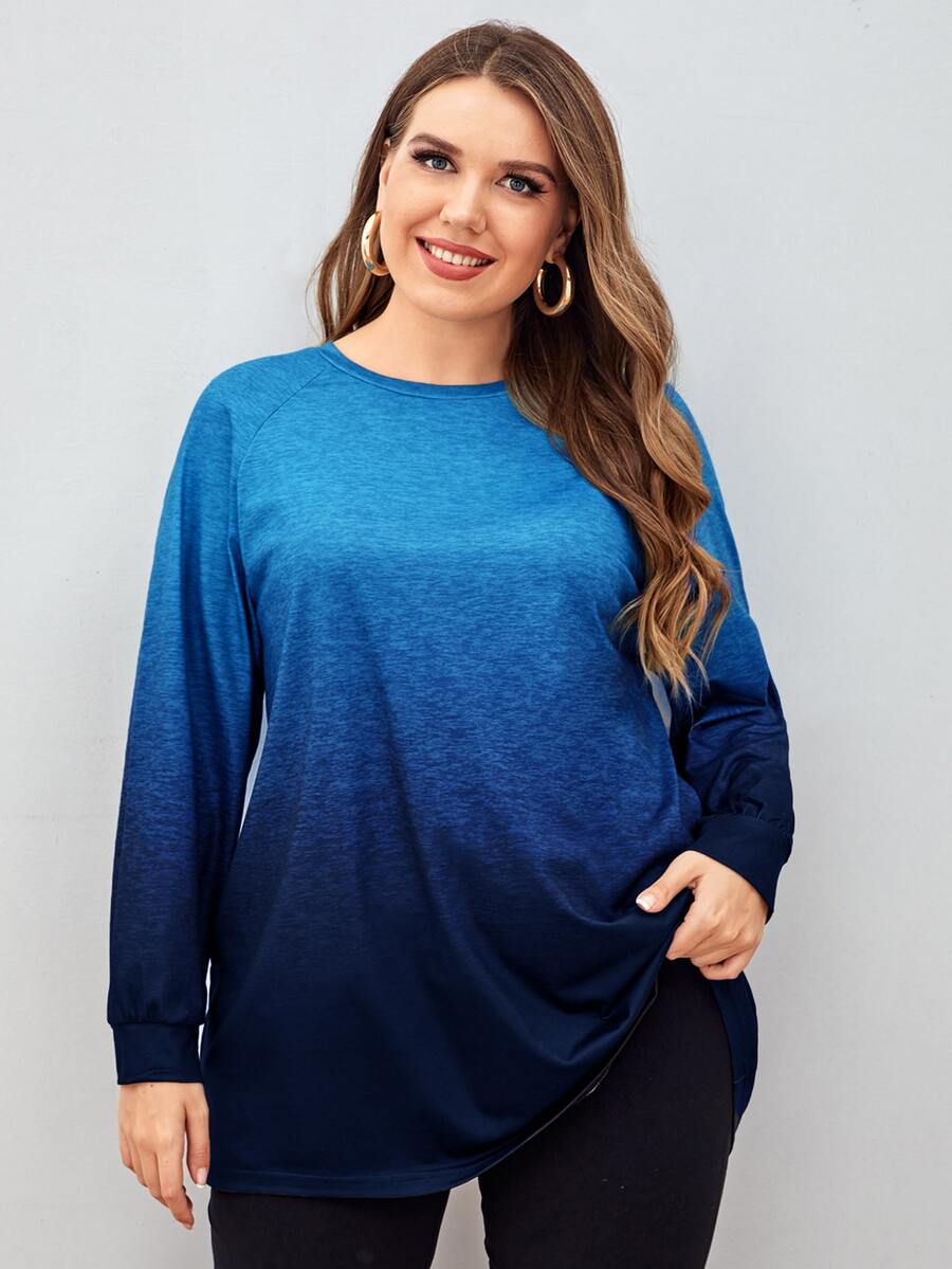 Mulvari Plus Ombre Print Raglan Sleeve Tee - Blue - View 1