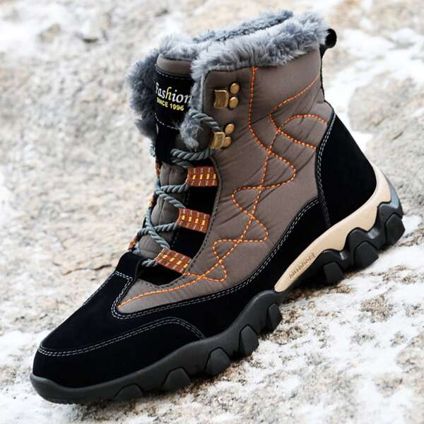 

Men Colorblock Lace-up Front Snow Boots, Brown