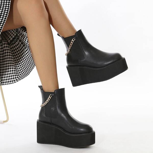 

Chain Decor Slip On Wedge Chelsea Boots, Black