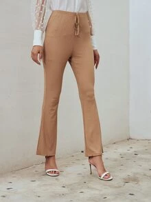 SHEIN EZwear High Waisted Flare Leg Pants - Camel - View 3