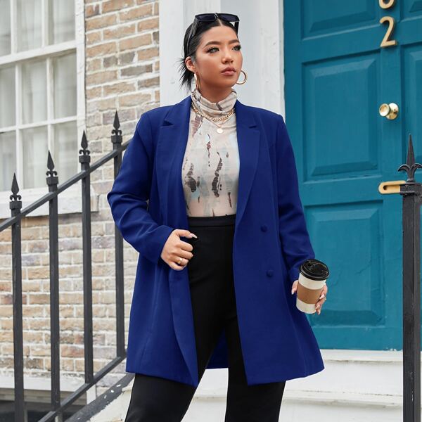 

Plus Lapel Neck Button Front Blazer, Royal blue