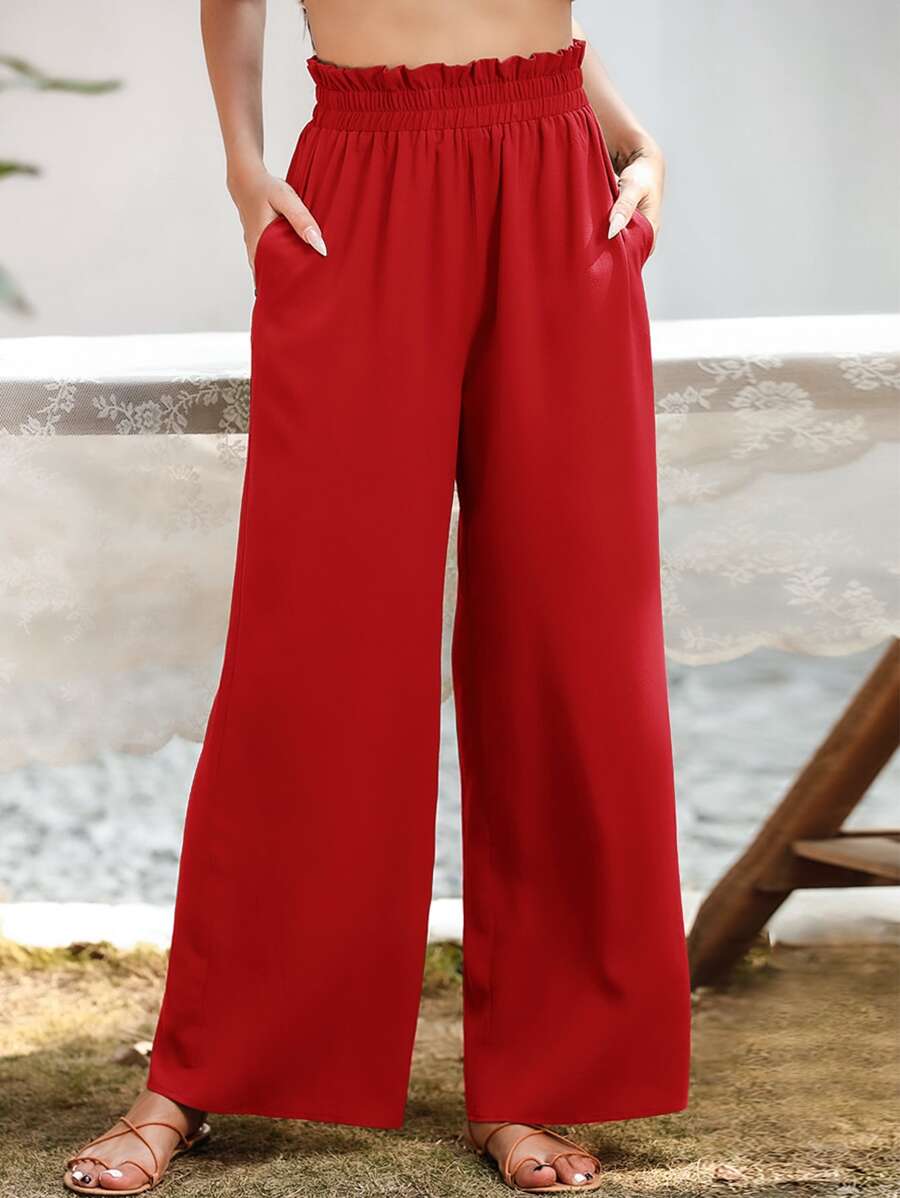 SHEIN Essnce Pantalones de pierna ancha con bolsillo oblicuo - Rojo - Ver 1