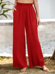 SHEIN Essnce Pantalones de pierna ancha con bolsillo oblicuo - Rojo - Ver 3